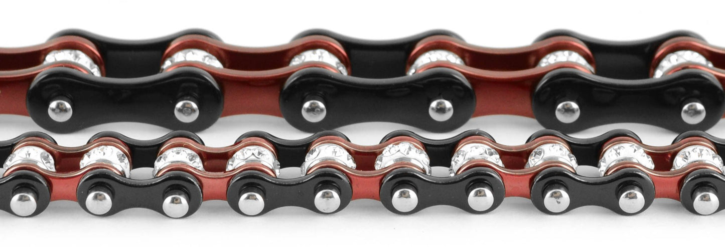 3/8" Wide MiniTwo Tone Black Candy Red with White Crystal Centers Stainless Steel Motorcycle Bike Chain Bracelet