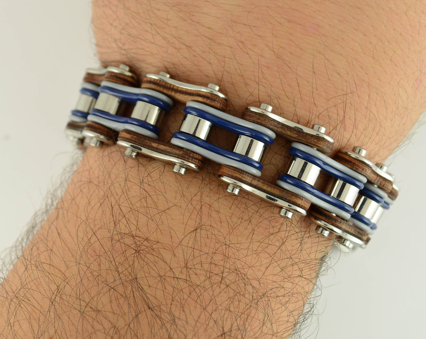 Tri-Color Tone Silver Grey Blue Leather 3/4" Wide Double Link Design Men's Stainless Steel Motorcycle Chain Bracelet