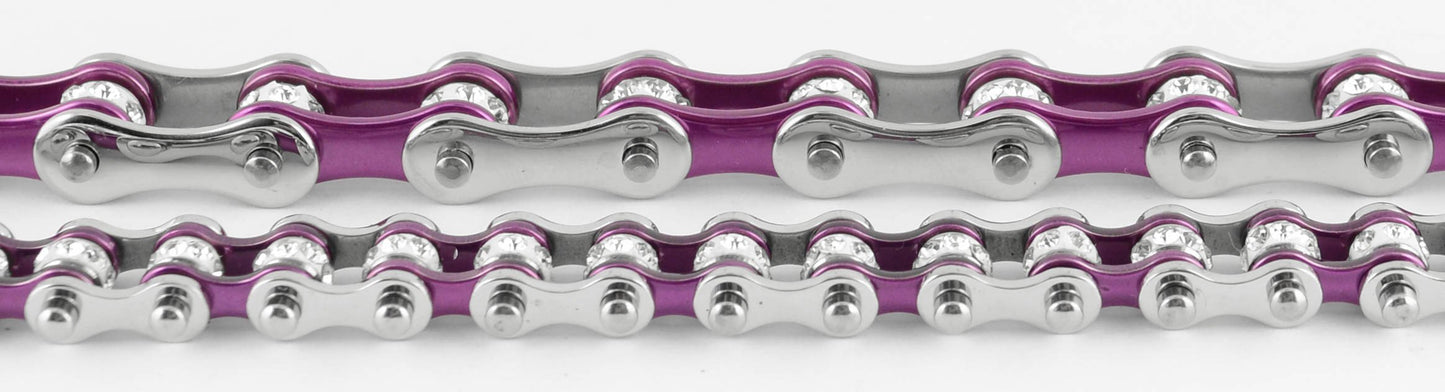 3/8" Wide MiniTwo Tone Silver Candy Purple with White Crystal Centers Stainless Steel Motorcycle Bike Chain Bracelet