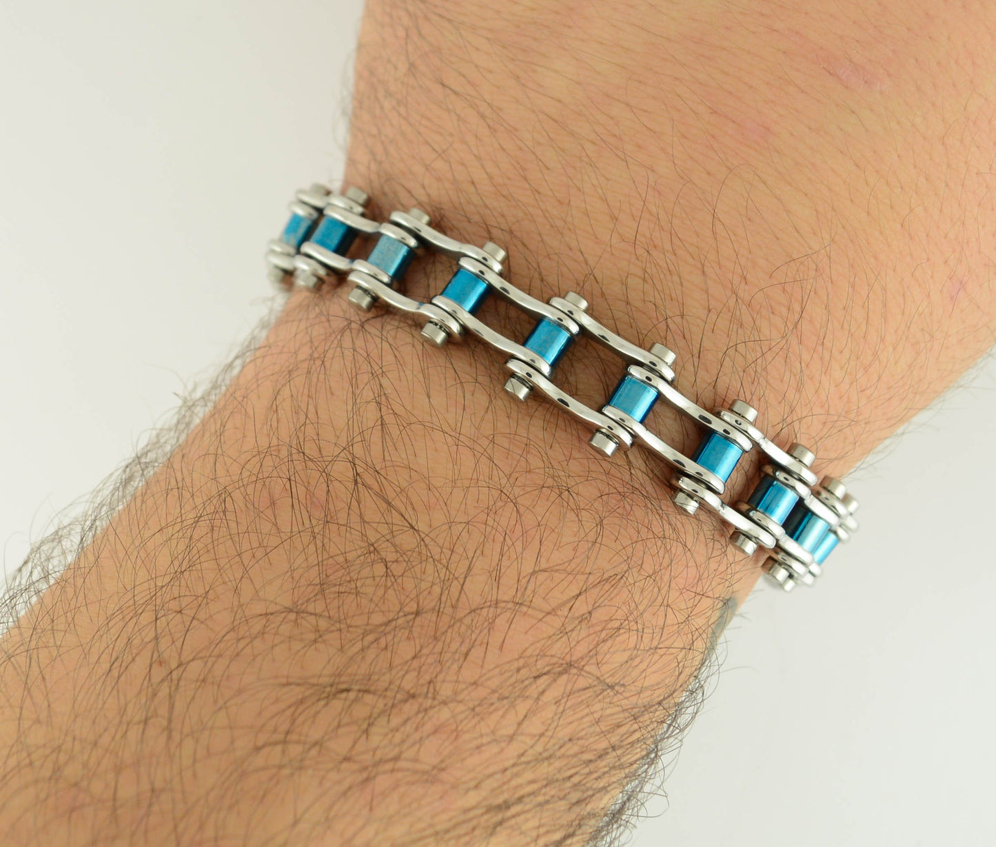 1/2" Wide All Stainless Steel Blue Candy Rollers Stainless Steel Motorcycle Bike Chain Bracelet