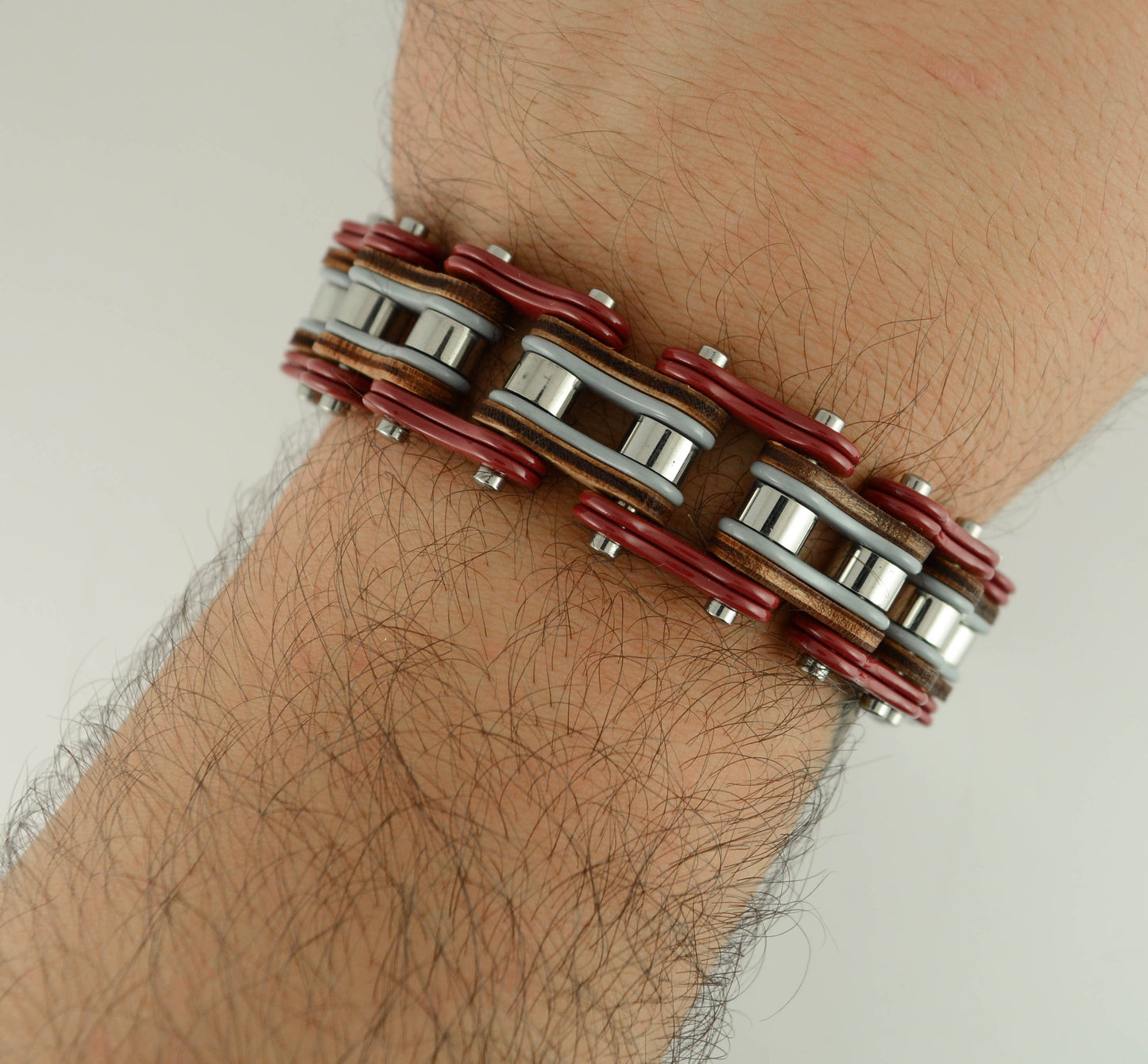 Tri-Color Red Grey Silver Leather 3/4" Wide Double Link Design Men's Stainless Steel Motorcycle Chain Bracelet
