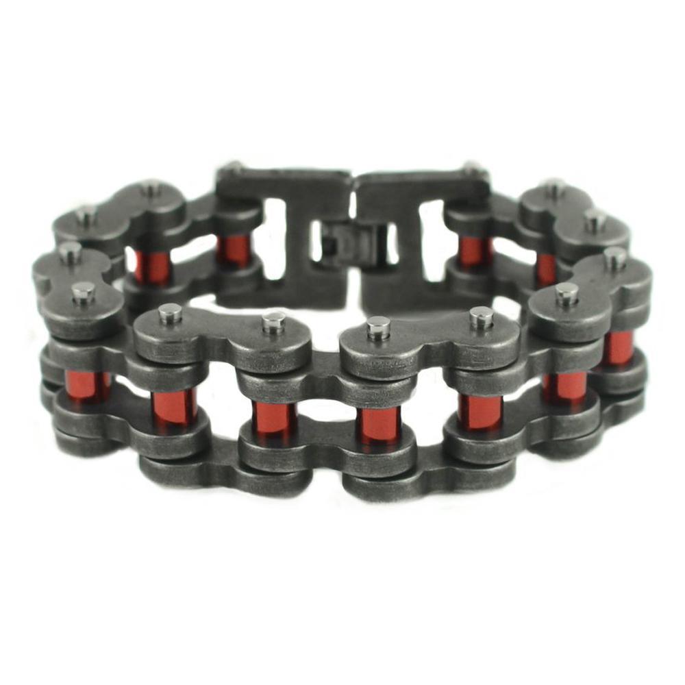 Distressed Antique Finish 1" Wide with Candy Red Rollers THICK LINK Stainless Steel Motorcycle Chain Bracelet