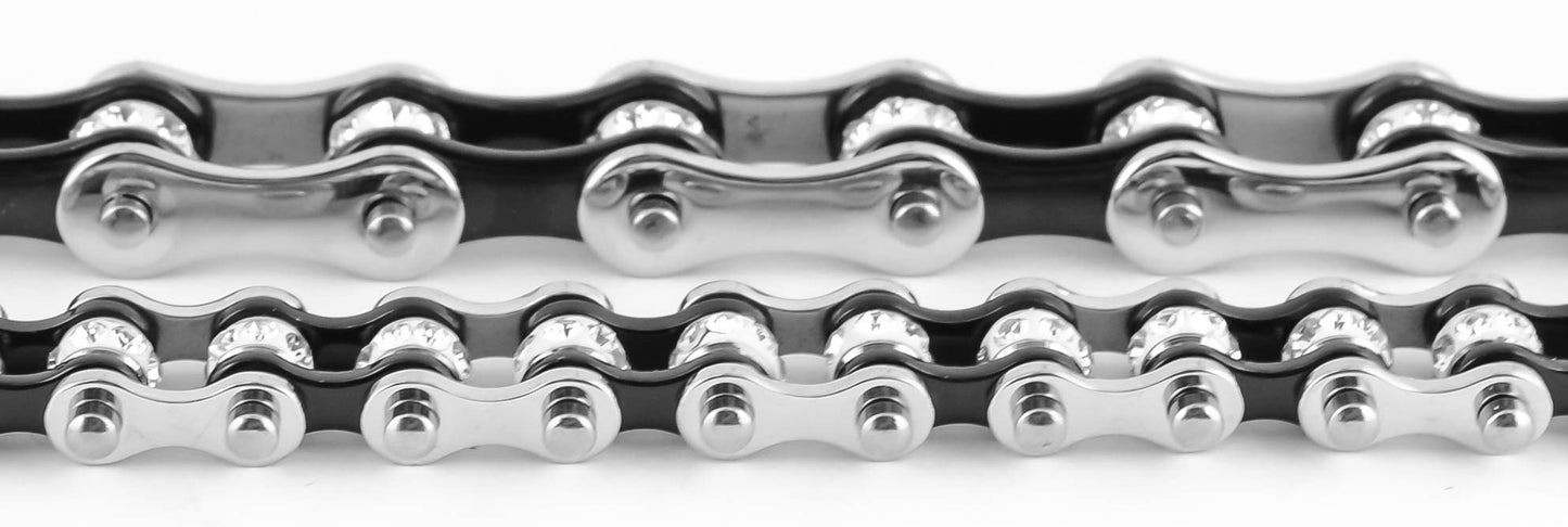 3/8" Wide MiniTwo Tone Silver Black with White Crystal Centers Stainless Steel Motorcycle Bike Chain Bracelet