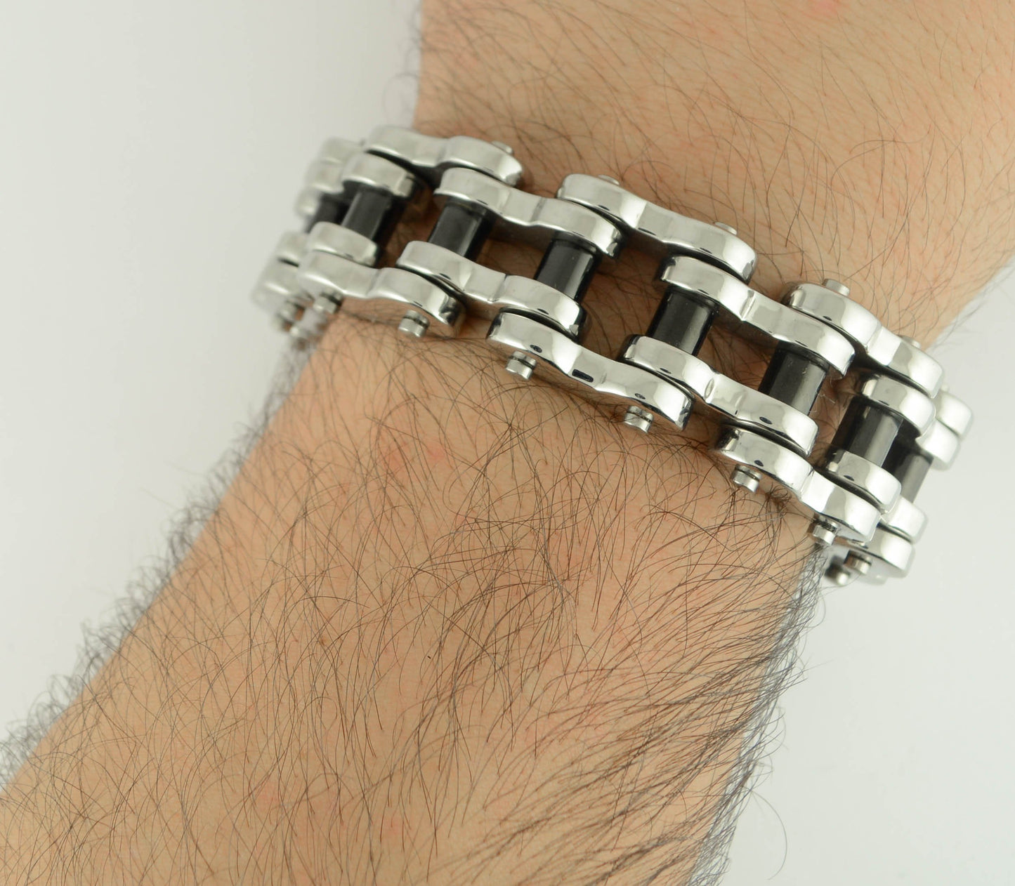 1" Wide Stainless Black Rollers THICK LINK Men's Stainless Steel Motorcycle Chain Bracelet