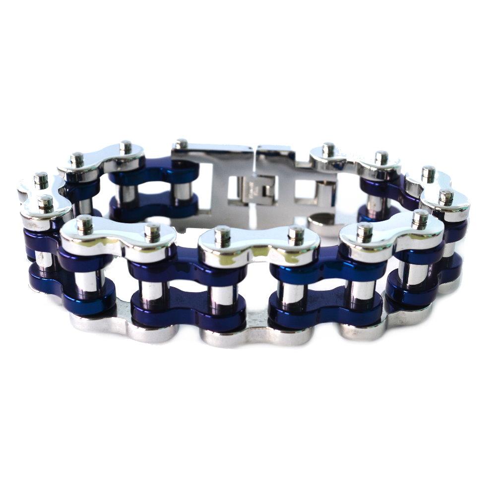 Silver Tone/ Blue 1" WideUnisex Stainless Steel Motorcycle Chain Bracelet