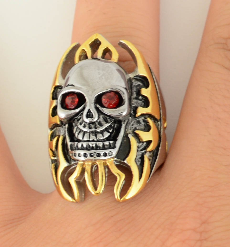 Flames Gold Tone Ring 1 1/2" Tall Imitation Rubt Eyes Stainless Steel Motorcycle Jewelry10 15