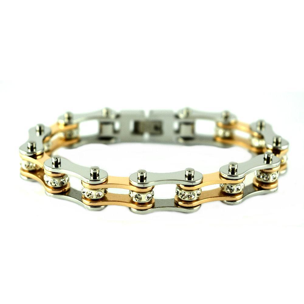 1/2" Wide Silver Rose Gold Color with White Crystal Centers Stainless Steel Motorcycle Bike Chain Bracelet