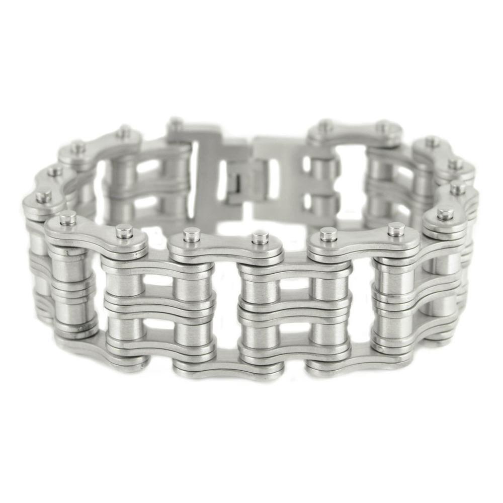 1" Wide BRUSHED Finish Double Roller Design Stainless Steel Motorcycle Chain Bracelet