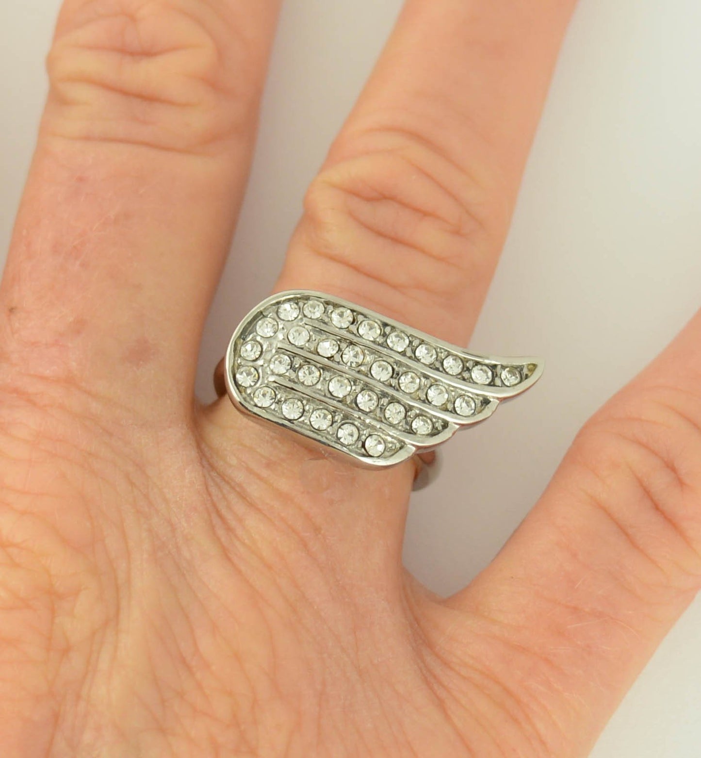 Women's Bling Wing Ring White Crystals Stainless Steel Motorcycle Jewelry