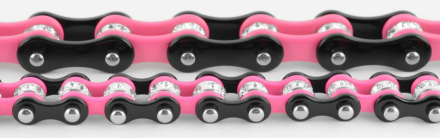 1/2" Wide MiniTwo Tone Black Pink with White Crystal Centers Stainless Steel Motorcycle Bike Chain Bracelet