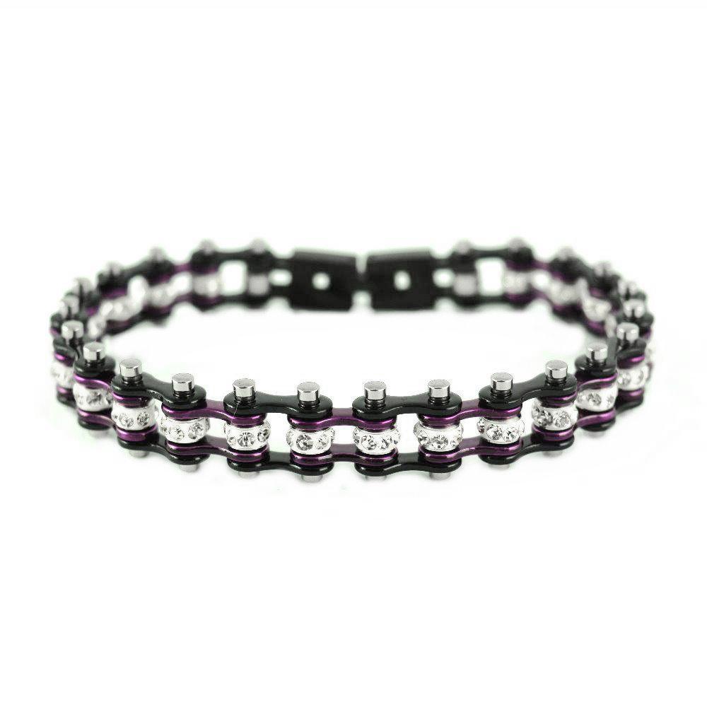3/8" Wide MiniTwo Tone Black Candy Purple with White Crystal Centers Stainless Steel Motorcycle Bike Chain Bracelet