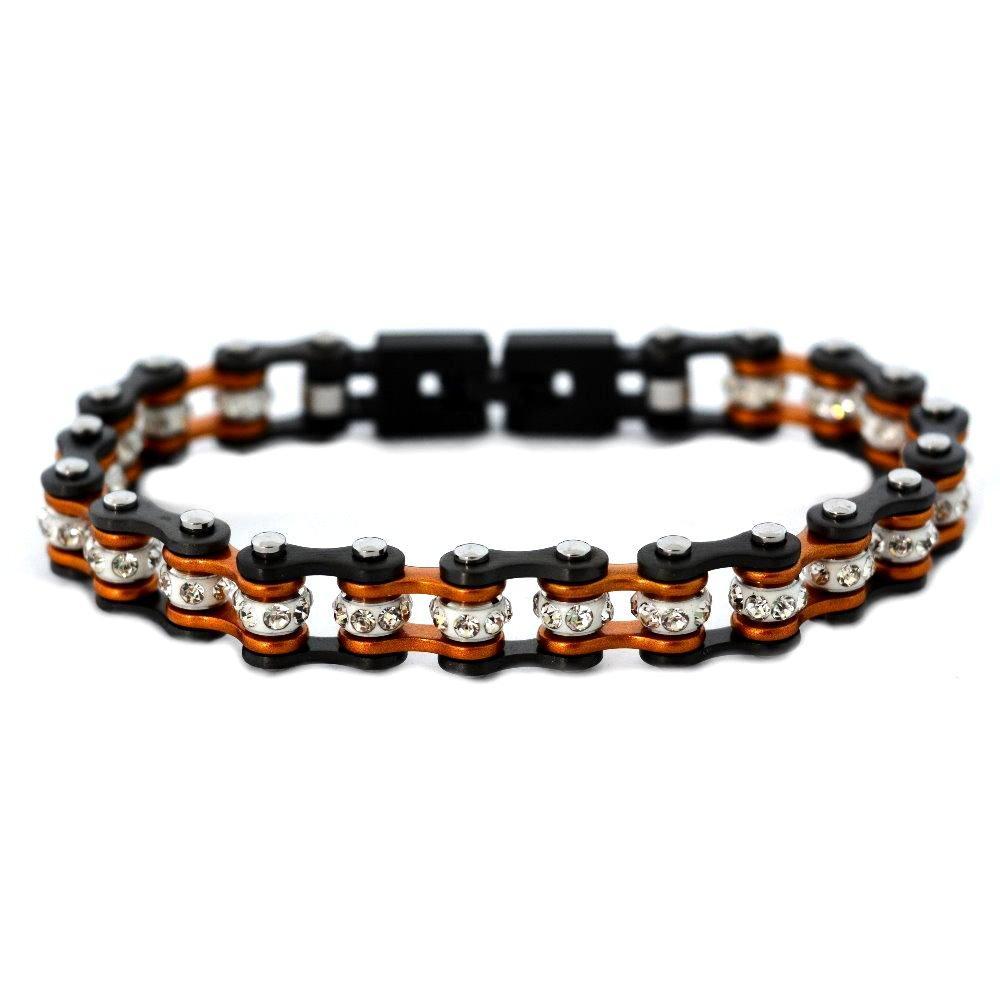 3/8" Wide MiniTwo Tone Gunmetal Beryllium Orange with White Crystal Centers Stainless Steel Motorcycle Bike Chain Bracelet