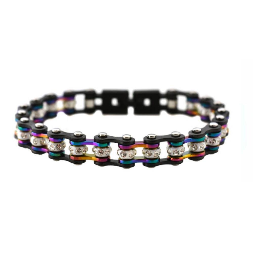 3/8" Wide MiniGunmetal/Irredisent with White Crystal Centers Stainless Steel Motorcycle Bike Chain Bracelet