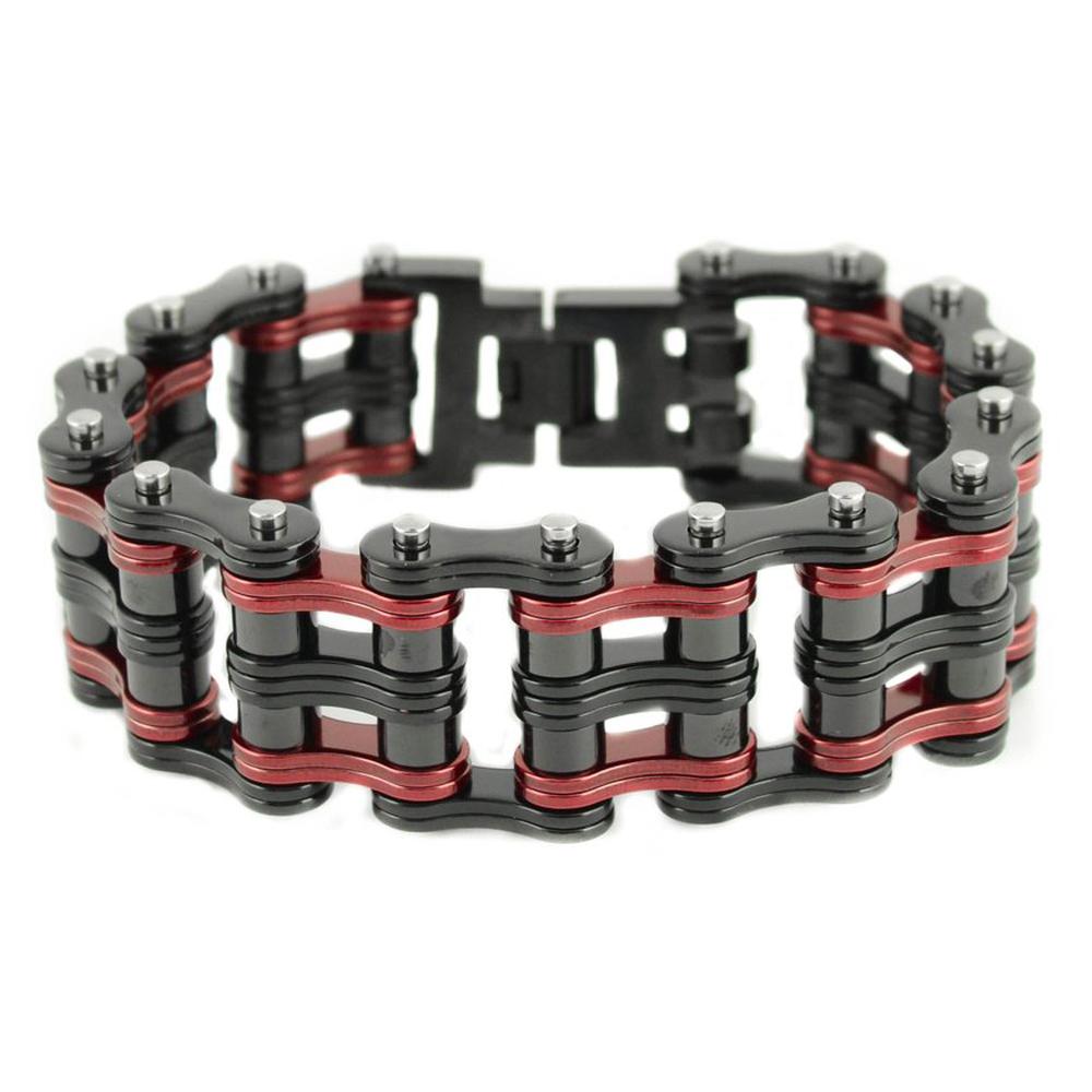 Two Tone 1" Wide Black RedUnisex Stainless Steel Motorcycle Chain Bracelet