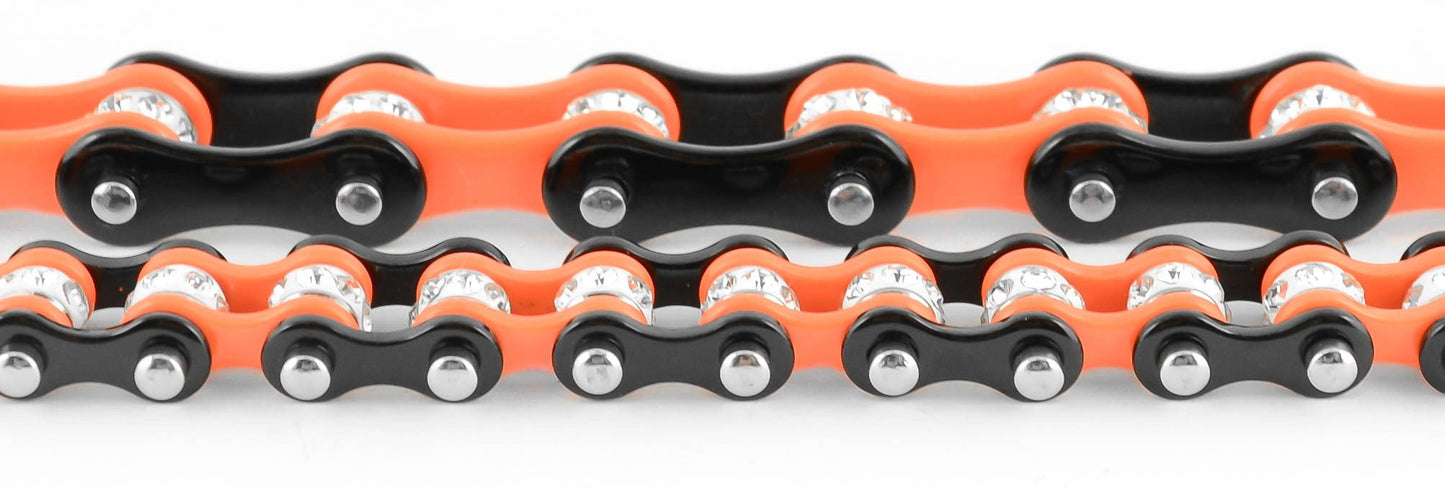 3/8" Wide MiniTwo Tone Black Orange with White Crystal Centers Stainless Steel Motorcycle Bike Chain Bracelet