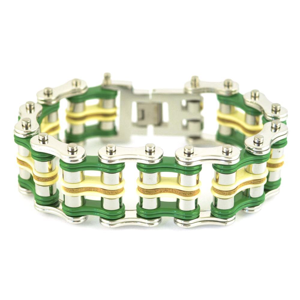 Tri-Color 1" Wide Silver Green Yellow Leather Men's Stainless Steel Motorcycle Chain Bracelet