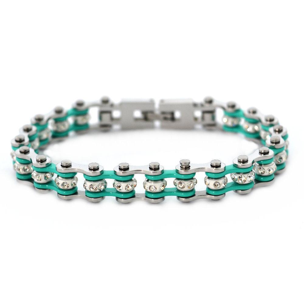 3/8" Wide MiniTwo Tone Silver Aquamarine with White Crystal Centers Stainless Steel Motorcycle Bike Chain Bracelet