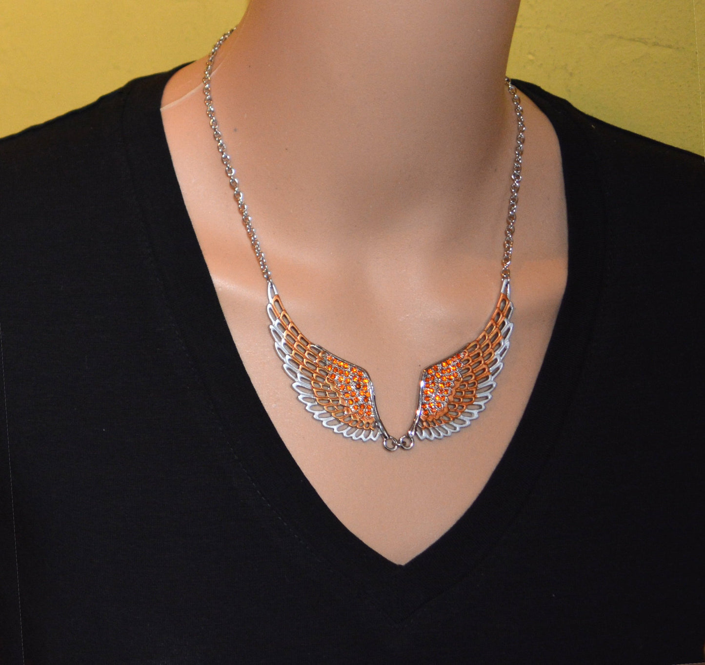 Orange Painted Winged Necklace Orange Imitation Crystals