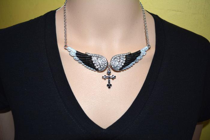 Combo Set Black Painted Winged Leverback Earring + Black Painted Winged Cross Necklace White Imitation Crystals