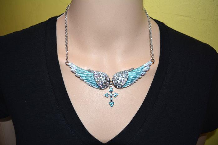 Seafoam Green Painted Winged Necklace with Cross White Imitation Crystals