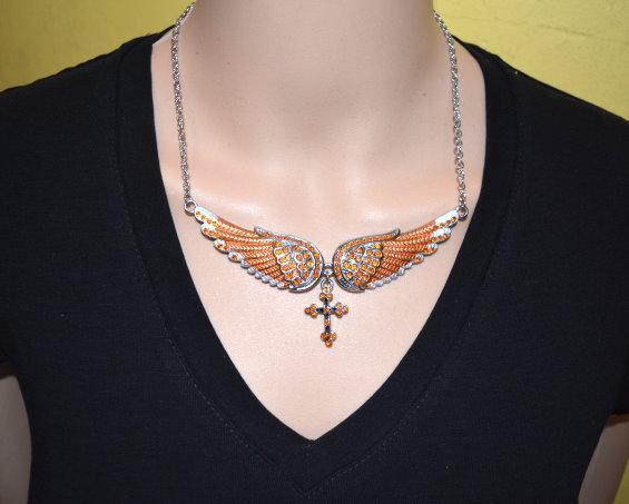 Combo Set Orange Painted Winged Leverback Earring + Orange Painted Winged Necklace Orange Imitation Crystal