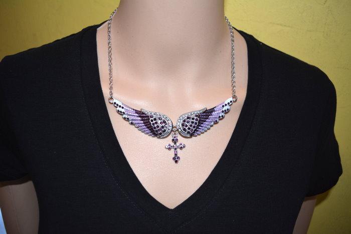 Combo Set Purple Painted Winged Leverback Earring + Purple Painted Winged Necklace Purple Imitation Crystals