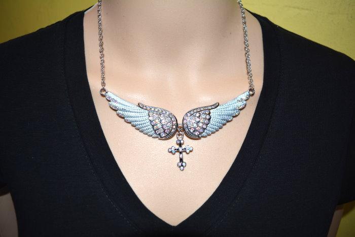White Painted Winged Necklace with Cross White Imitation Crystals