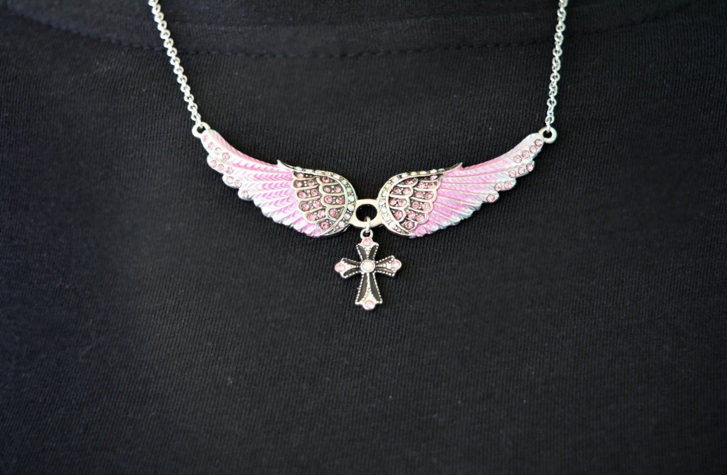 Small Pink Painted Winged Necklace with Cross Pink Imitation Crystals