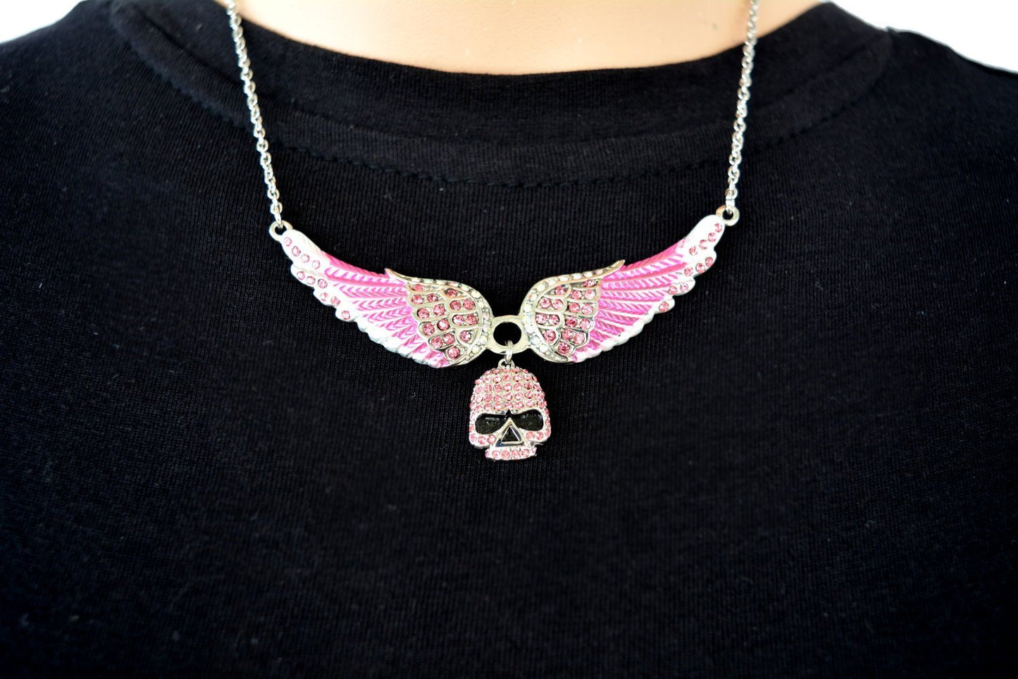 Small Pink Painted Winged Necklace with Pink Imitation Crystals