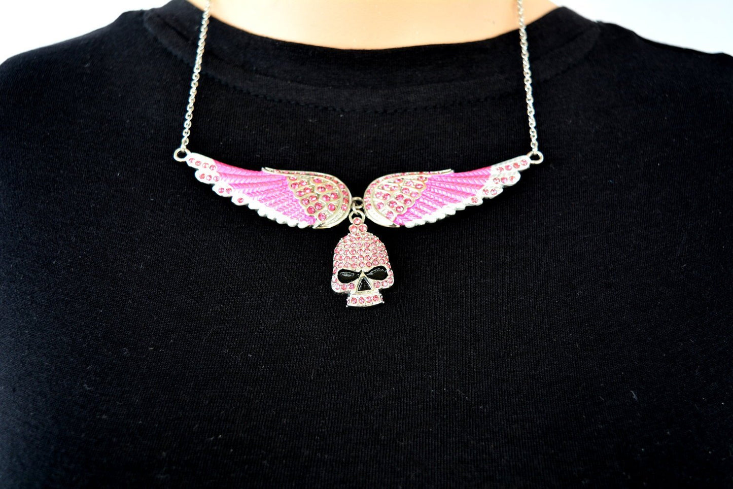 Large Pink Painted Winged Necklace with Pink Imitation Crystals