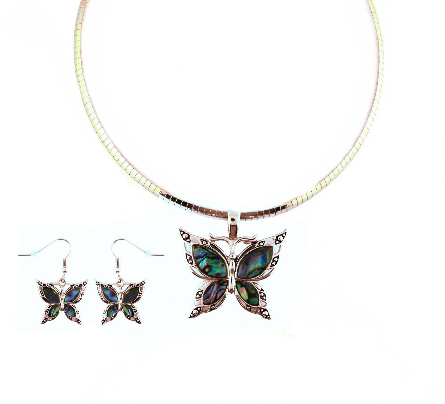 Abalone Wide Butterfly Pendant & Matching Earrings with Omega 19" Chain Stainless Steel
