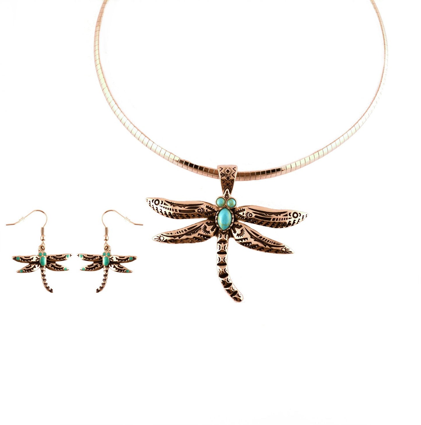 Dragonfly Pendant 2.5" Tall & Matching Earrings Imitation Turquoise with Omega 19" Chain Stainless Steel