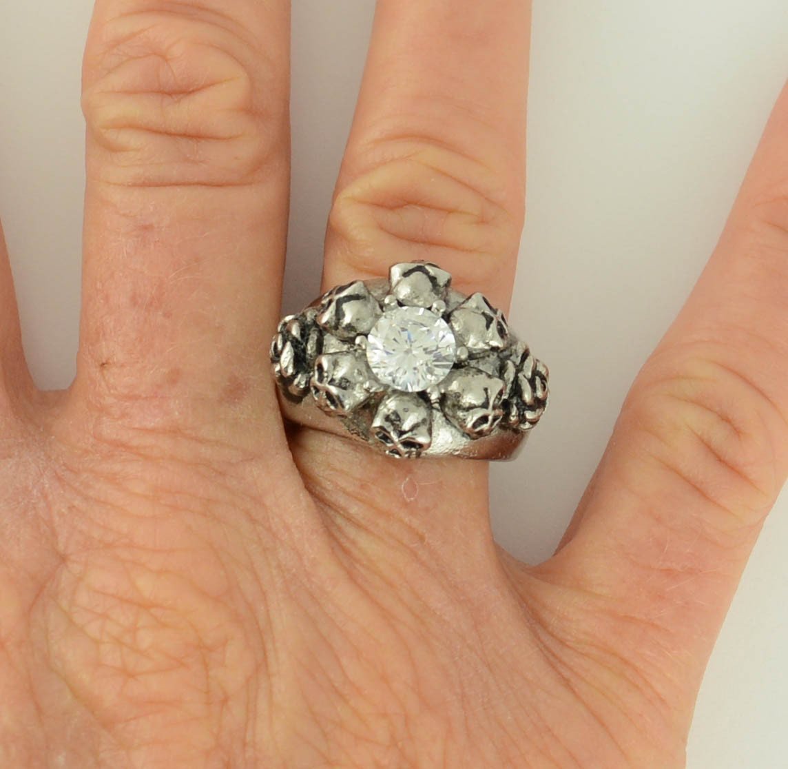 Women's Six & Roses Imitation Diamond Ring Stainless Steel Motorcycle Jewelry