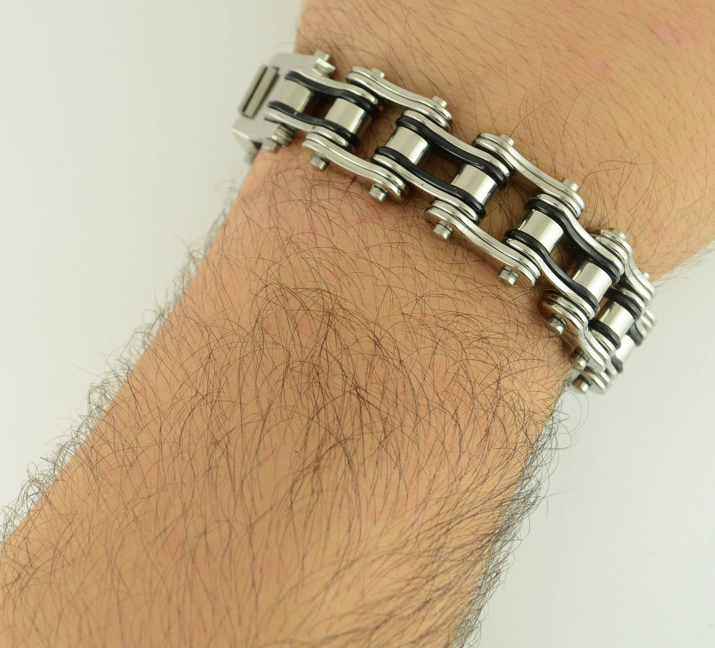 Two Tone Silver Black 3/4" Wide Double Link DesignUnisex Stainless Steel Motorcycle Chain Bracelet