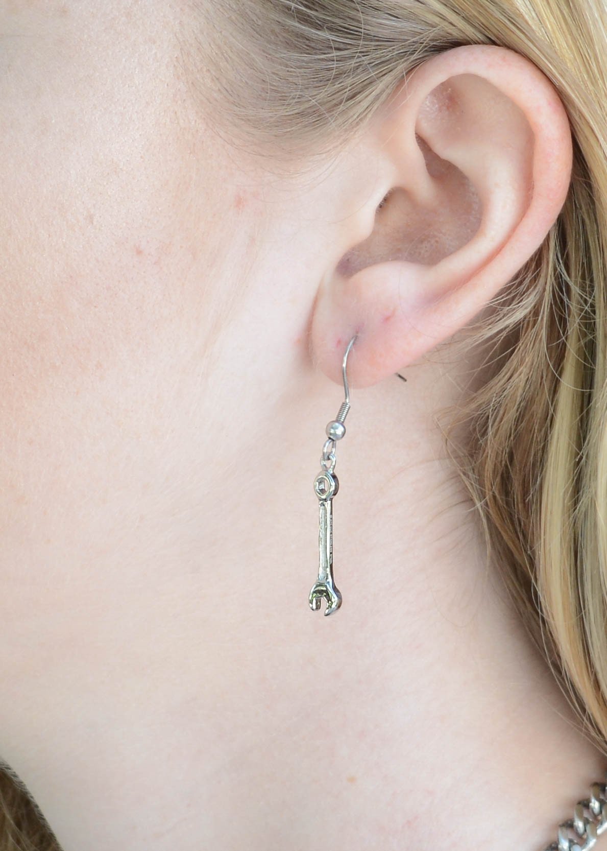 Wrench Earrings French Wire Stainless Steel Motorcycle Biker Jewelry
