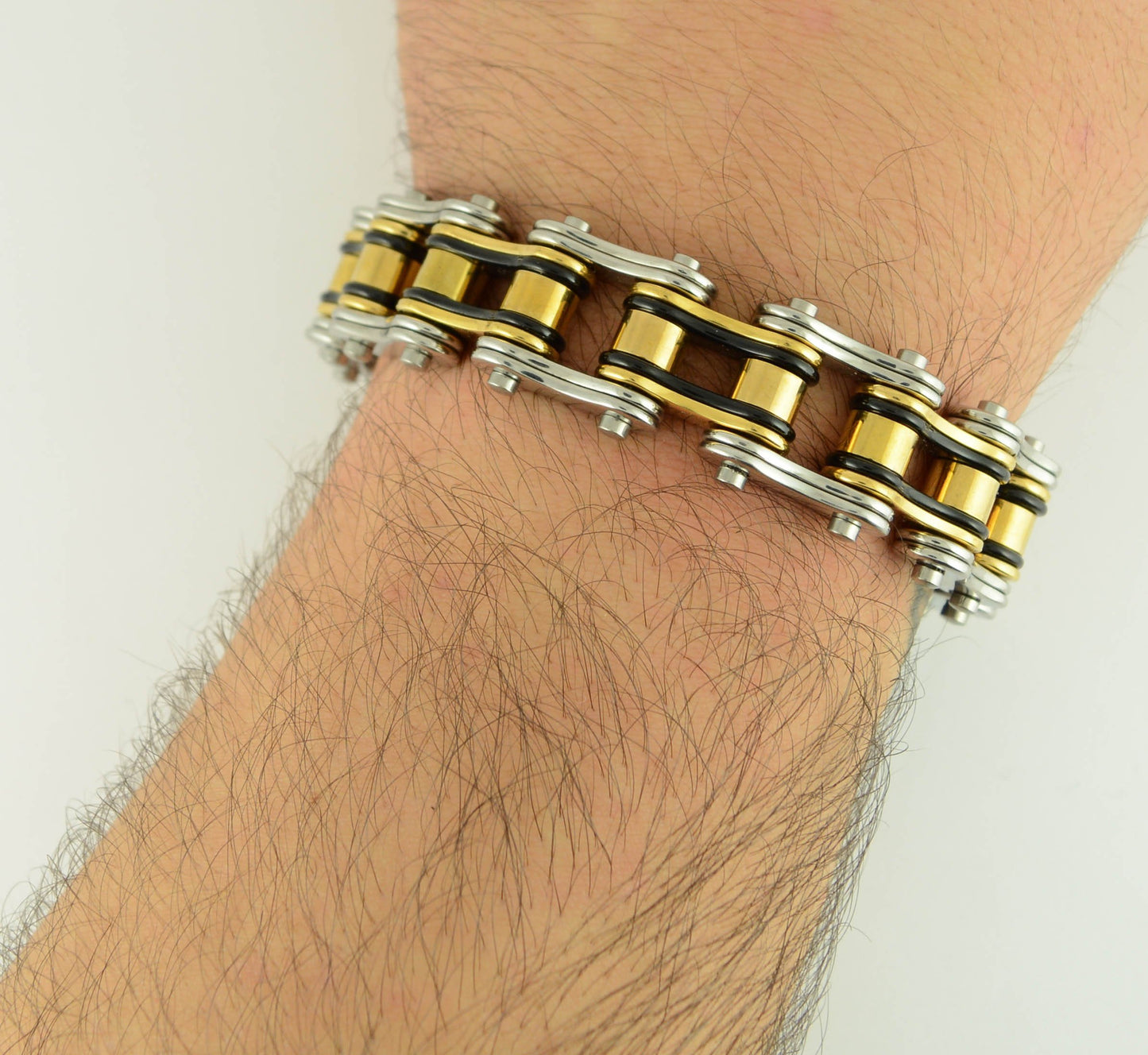 Tri-Color Black Silver Gold 3/4" Wide Double Link DesignUnisex Stainless Steel Motorcycle Chain Bracelet