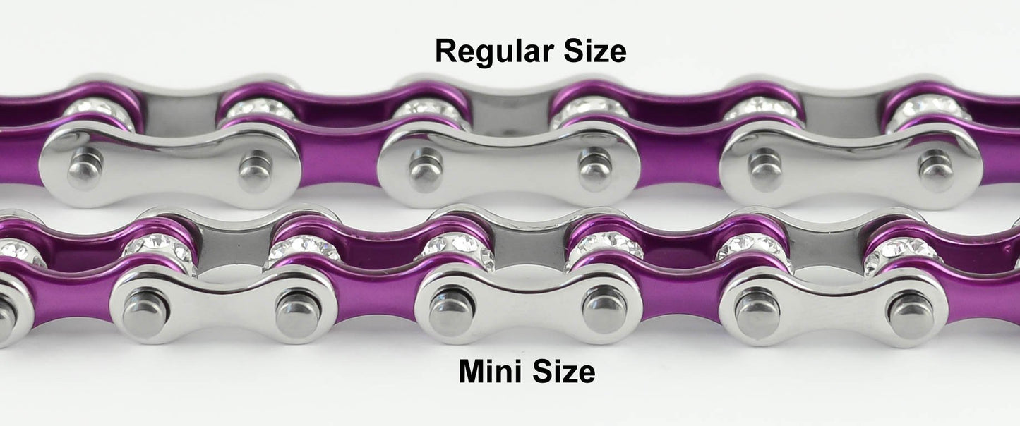1/2" Wide MINITwo Tone Silver Candy Purple with White Crystal Centers Stainless Steel Motorcycle Bike Chain Bracelet