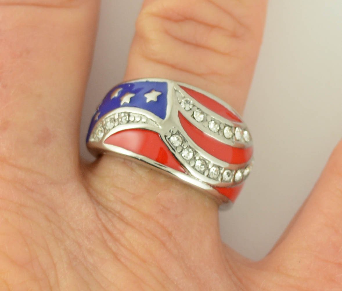Women's American Flag Ring Imitation Diamonds Stainless Steel Patriotic Jewelry