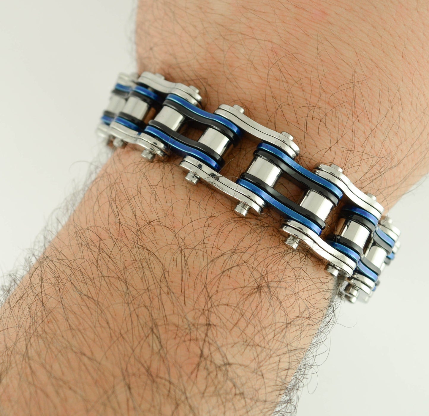 Tri-Color Silver Blue Black 3/4" Wide Double Link DesignUnisex Stainless Steel Motorcycle Chain Bracelet