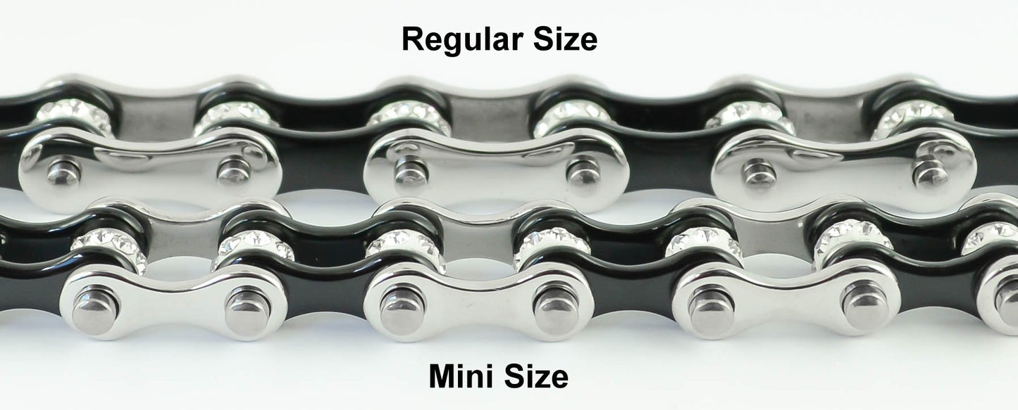 1/2" Wide MiniTwo Tone Silver Black with White Crystal Centers Stainless Steel Motorcycle Bike Chain Bracelet