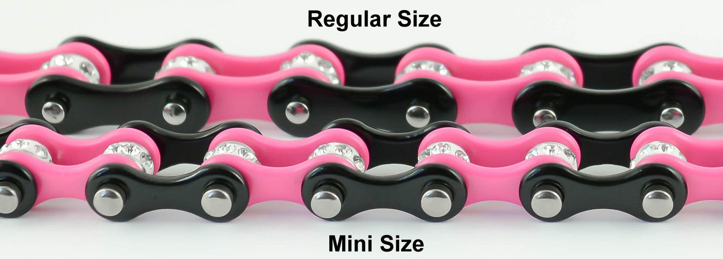 1/2" Wide Two Tone Black Pink with White Crystal Centers Stainless Steel Motorcycle Bike Chain Bracelet