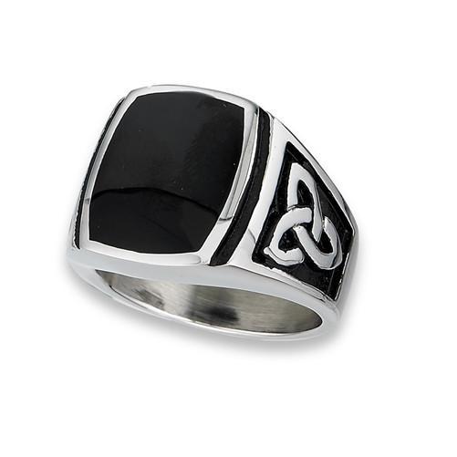 Stainless Steel Double Triquetra Ring with Synthetic Black Onyx