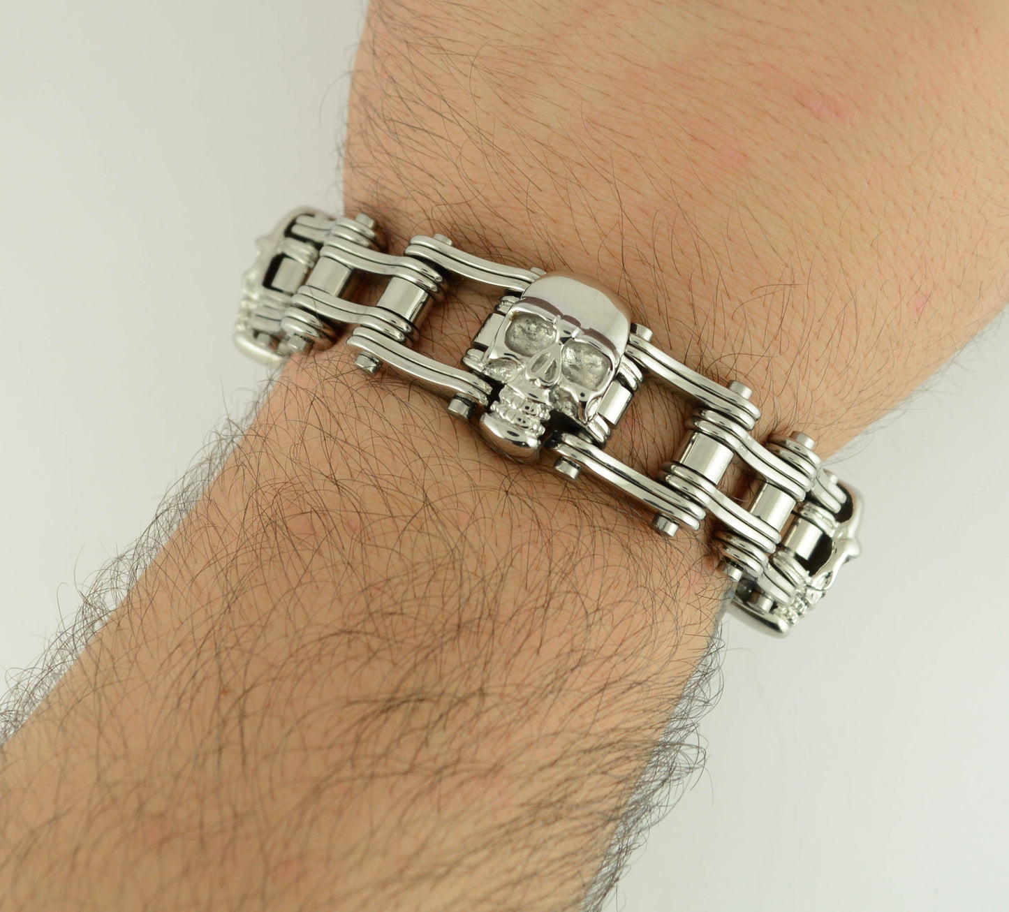 All Silver Tone Double Link Design 3/4" Wide withUnisex ALL Stainless Steel Motorcycle Chain Bracelet