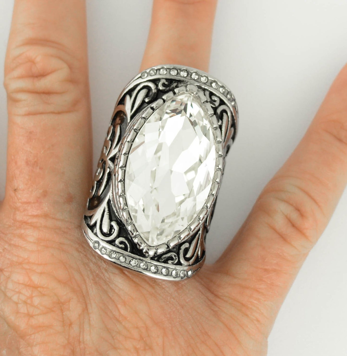 Women's Big Crystal Fancy Design Ring Stainless Steel Motorcycle Jewelry