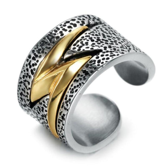 Two-Tone Grunge Rock Lightning Ring in Vintage Silver (Stainless Steel)