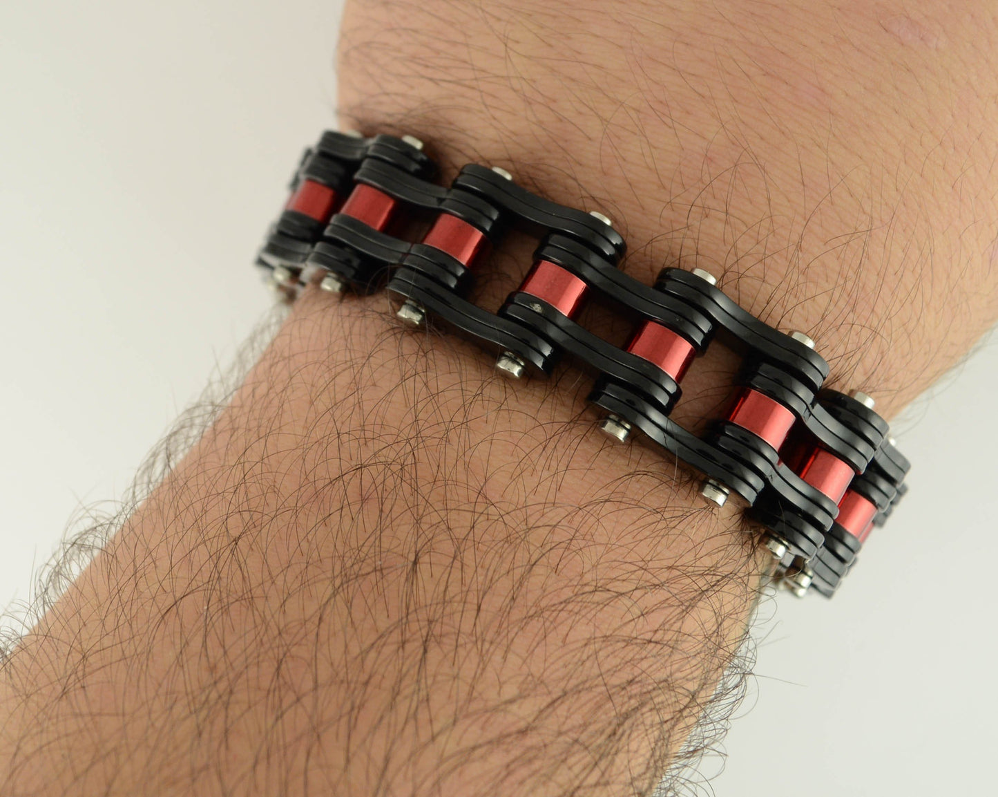 Black with Candy Red Rollers 3/4" Wide Double Link DesignUnisex Stainless Steel Motorcycle Chain Bracelet