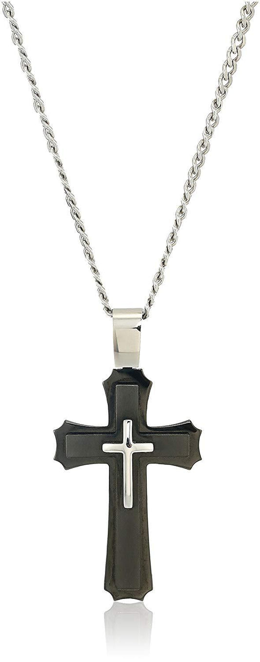 Crucible Jewelry Mens Stainless Steel Large Layered Cross Pendant Necklace, 24", Black/White