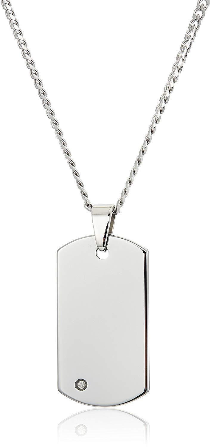 Crucible Jewelry Mens Tungsten Carbide Diamond Dog Tag Curb Chain Pendant  Necklace, 24-Inch, White