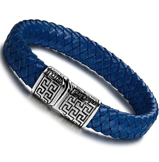 FIBO STEEL Stainless Steel Magnetic Clasp Braided Leather Bracelet for Men Cuff Bracelet 7.5-8.5 inches
