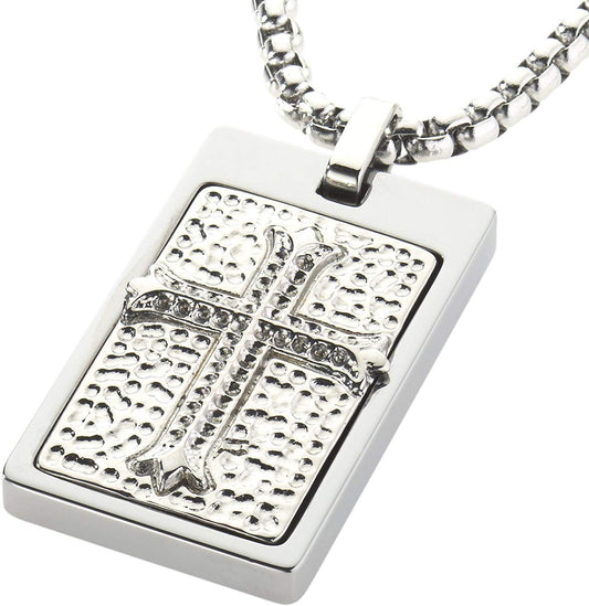 CERAMIC GESTALT Unique Tungsten Tag Necklace. Platinum Style Stainless Steel Celtic Cross Inlay.